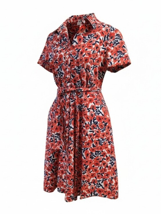 1901 Dresses & Skirts - 1901 Red Floral Button-Front Cottagecore Midi Shirt Dress with Tie Waist S